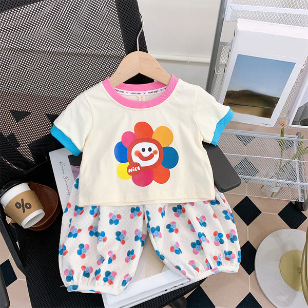 Cute Baby Girl Floral Short-sleeved Shirt and Pants Two-piece Set