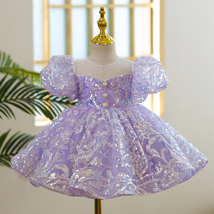 Baby Girl Formal Princess Dress Toddler Purple Sequin Puff Sleeve Birthday Dress