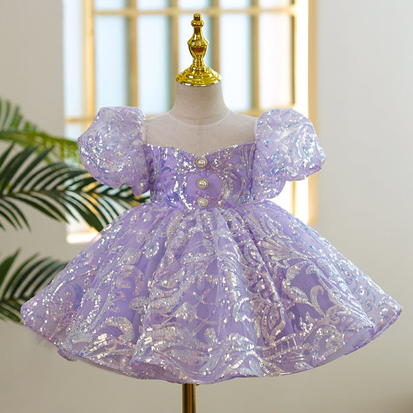 Baby Girl Formal Princess Dress Toddler Purple Sequin Puff Sleeve Birthday Dress