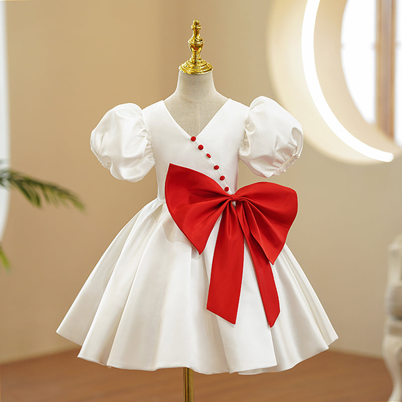 Baby Girls First Communion Dress Girl Red Bow Wedding Puff Seeves Birthday Princess Dress