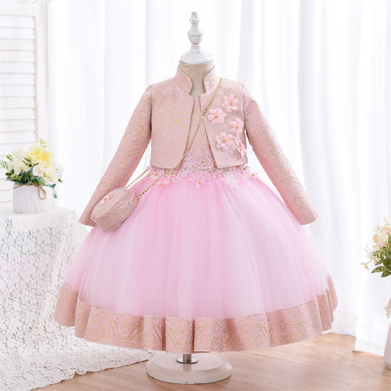 Toddler Girl Birthday Party Dress Two-piece Puffy Long-sleeved Princess  Dress