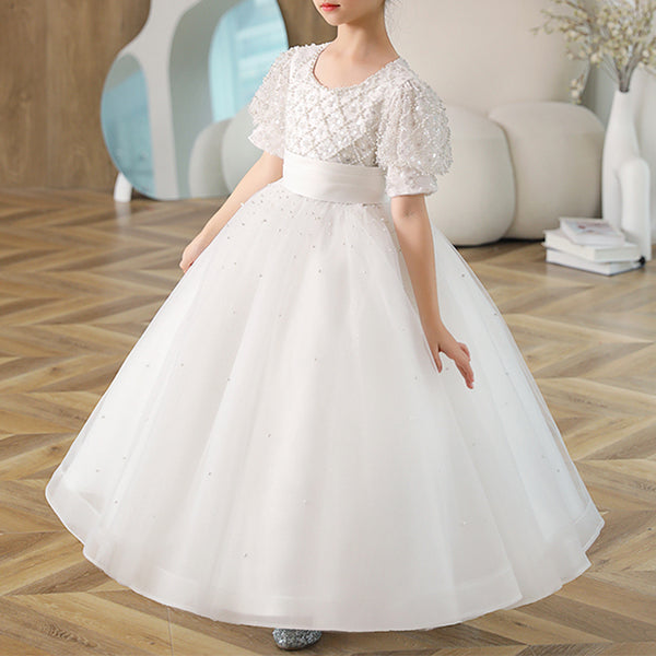 Baby Girl White Puff Sleeves Birthday Party Princess Dress