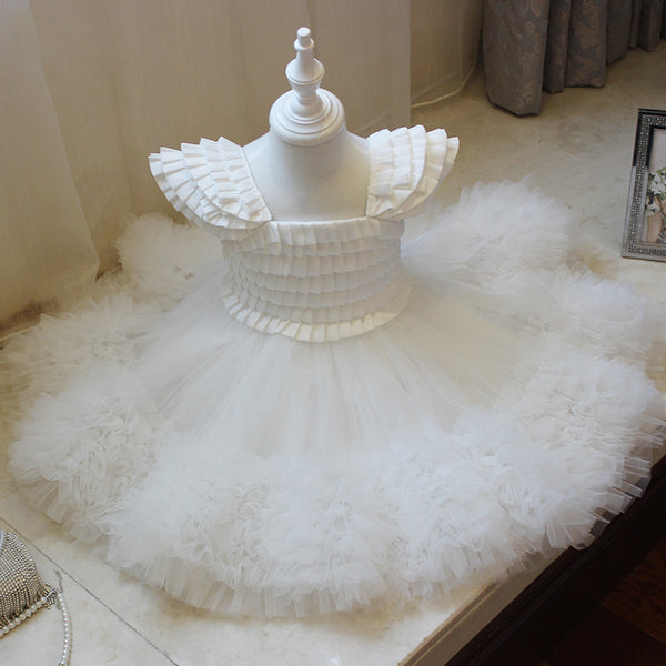 Baby Girl Dress Toddler Birthday Party Communion White Cake Fluffy Baptism Dress