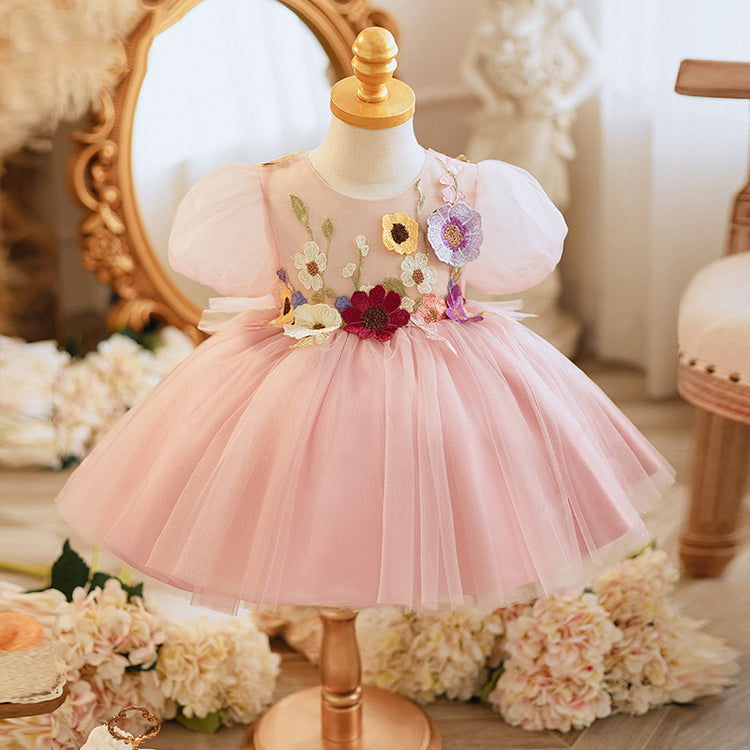 Baby Girl and Toddler Summer Pink Puff Sleeve Flower Girl Fluffy Princess Dress