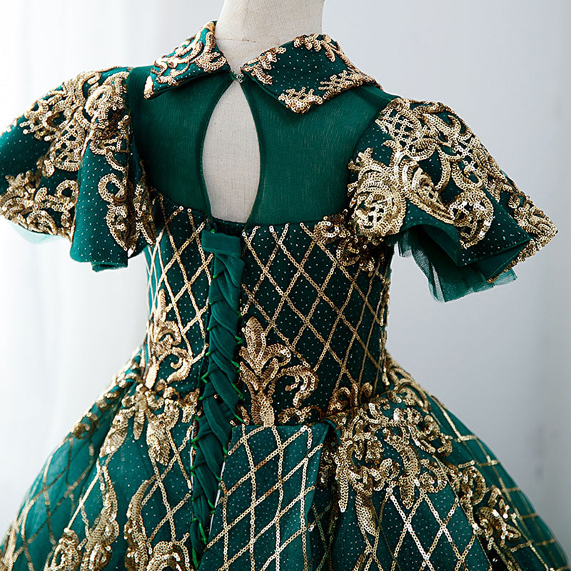 Girl Pageant Dress Children Vintage Gorgeous Green Gold Sequin Party Princess Communion Dress