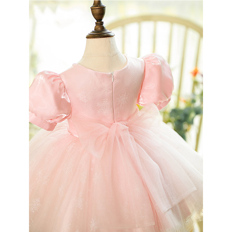 Flower Girl Dress Toddler Pink Puff Sleeves Fluffy Mesh Communion Princess Dress