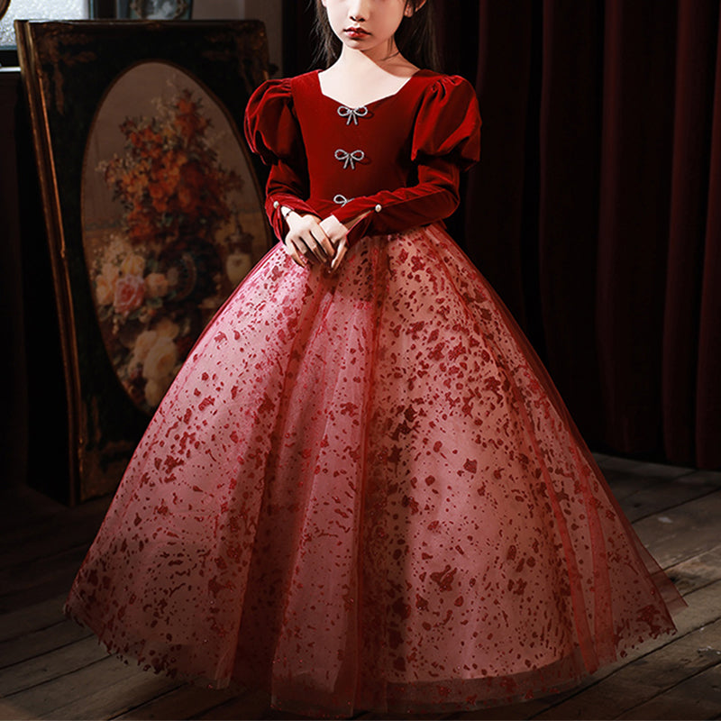 Flower Girl Dress Children Pageant Princess Communion Elegant Red Evening Dress