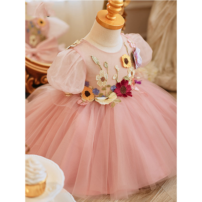 Baby Girl and Toddler Summer Pink Puff Sleeve Flower Girl Fluffy Princess Dress