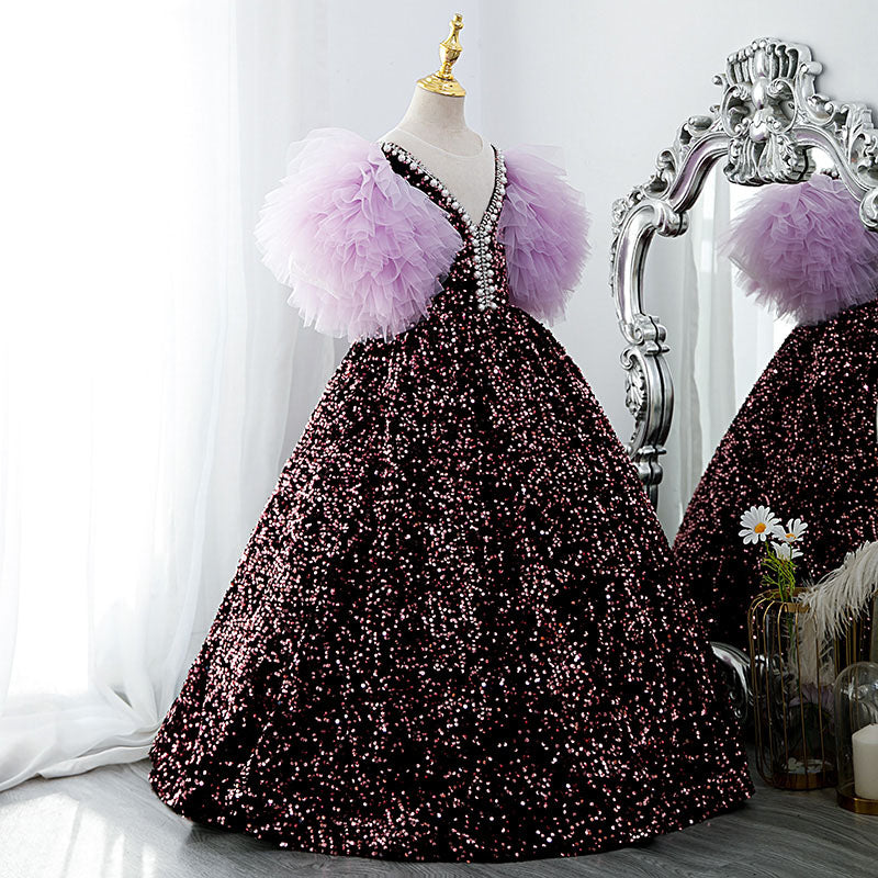 Toddler Ball Gowns Girl Communion Purple Sequin Long Puff Sleeves Princess Pageant Dress