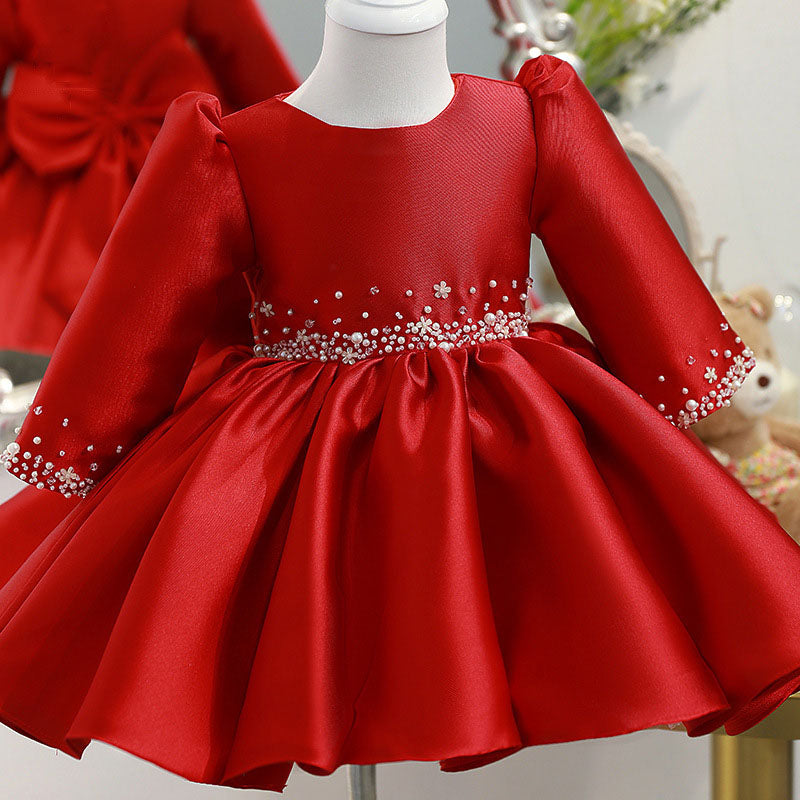 Girl Christmas Dress Baby Girl Winter Red Bead Puffy Birthday Party Dresses