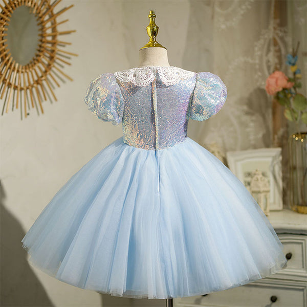 Toddler Prom Dress Girl Birthday Party Dress Lace Collar Sequin Puff Sleeves  Dress