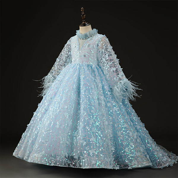Elegant Baby Girl Blue Mesh Birthday Party Princess Dress