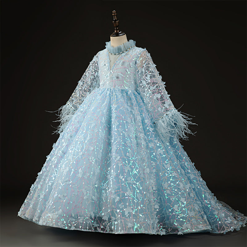 Elegant Baby Girl Blue Mesh Birthday Party Princess Dress