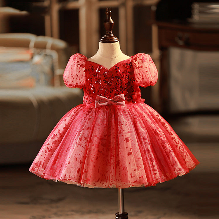 Flower Girl Dress Toddler Wine Red Puff Sleeve Sequin Bow Puffy Princess Dress
