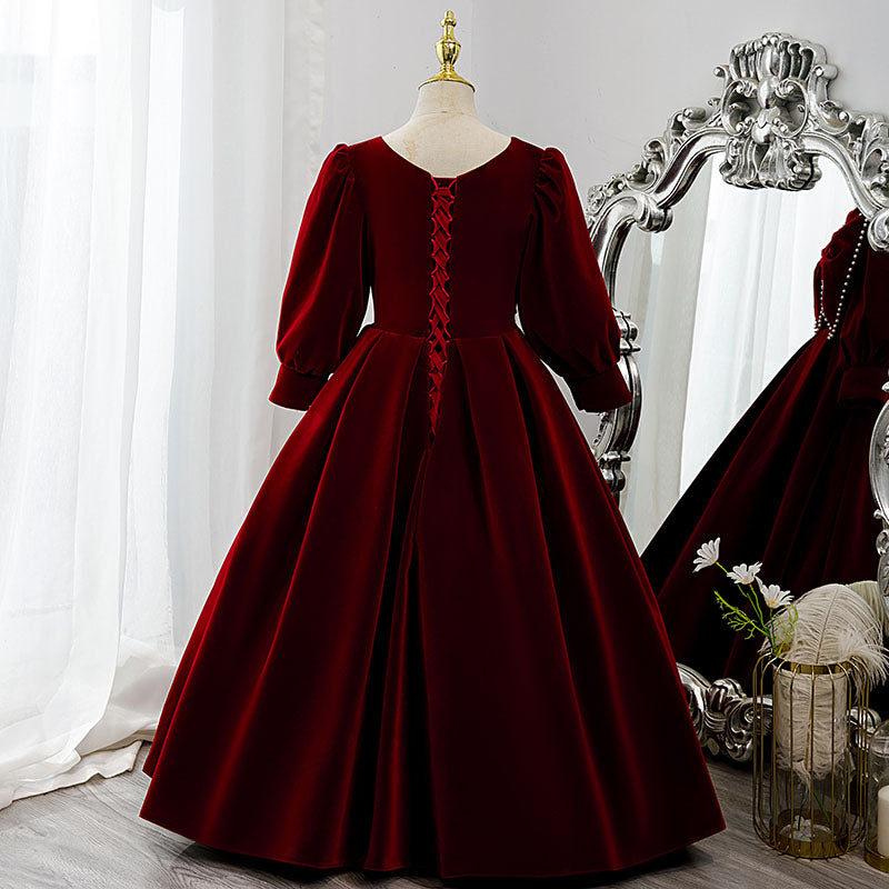 Flower Girl Dress Children Communion Elegant Red Velvet Bow Knot Long Sleeve Princess Dress