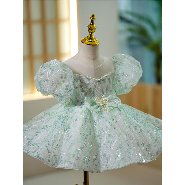 Toddler Ball Gowns Girl Pageant Princess Green Sequin Puff Sleeve Communion Dress