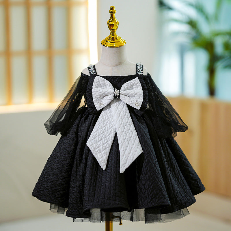 Little Girl Dress Toddler Black Summer Princess Bow Knot Fluffy Party Dress, Black / 5-6 Years (130cm) Little Girl Dress Toddler Black Summer Princess Bow Knot Fluffy Party Dress, Black / 5-6 Years (130cm)