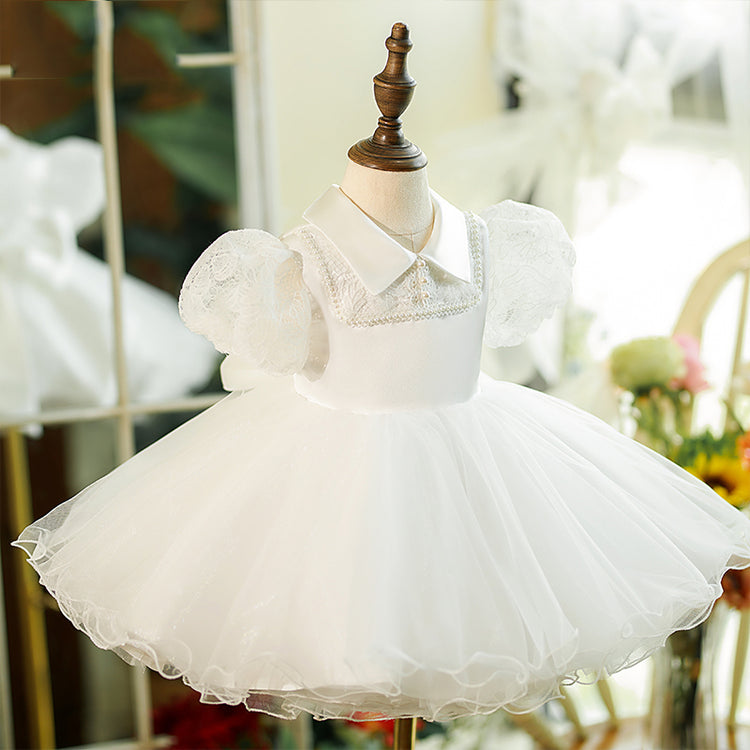 Baby Girl Dress Toddler Whit Puff Sleeve Textured Beaded Fluffy Christening Dress