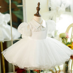 Baby Girl Dress Toddler Whit Puff Sleeve Textured Beaded Fluffy Christening Dress