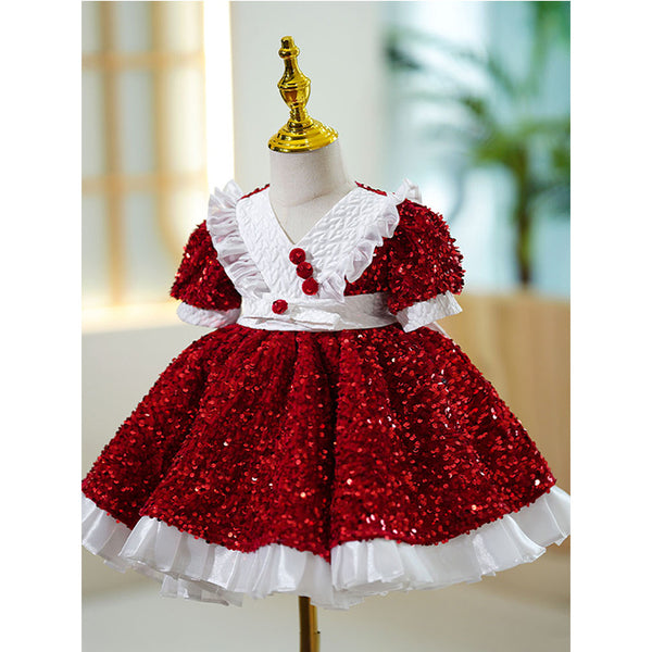 Baby Girl Red Christmas Birthday Party Dress Sequin Puffy Princess Dress