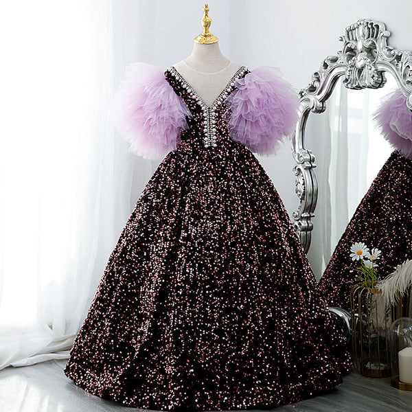 Toddler Ball Gowns Girl Communion Purple Sequin Long Puff Sleeves Princess Pageant Dress