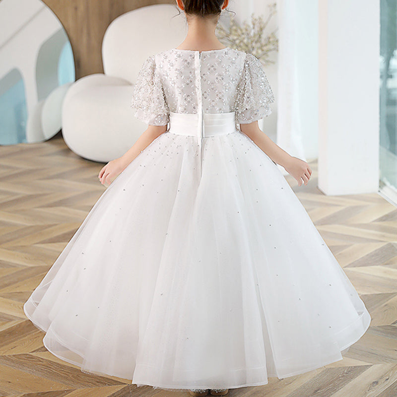 Baby Girl White Puff Sleeves Birthday Party Princess Dress