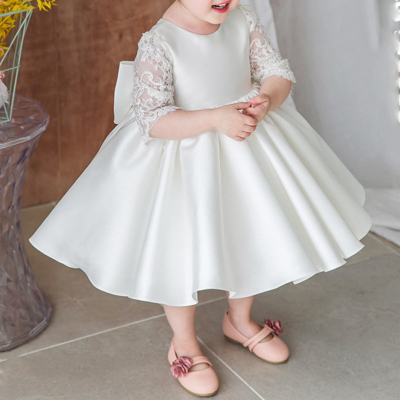 Baby Girl and Toddler White Lace Sleeve Puffed Christening Dress