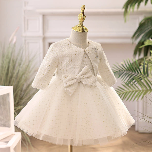 Baby Girl Birthday Party Dresses Girl Winter White Long Sleeve Puffy Formal Dresses