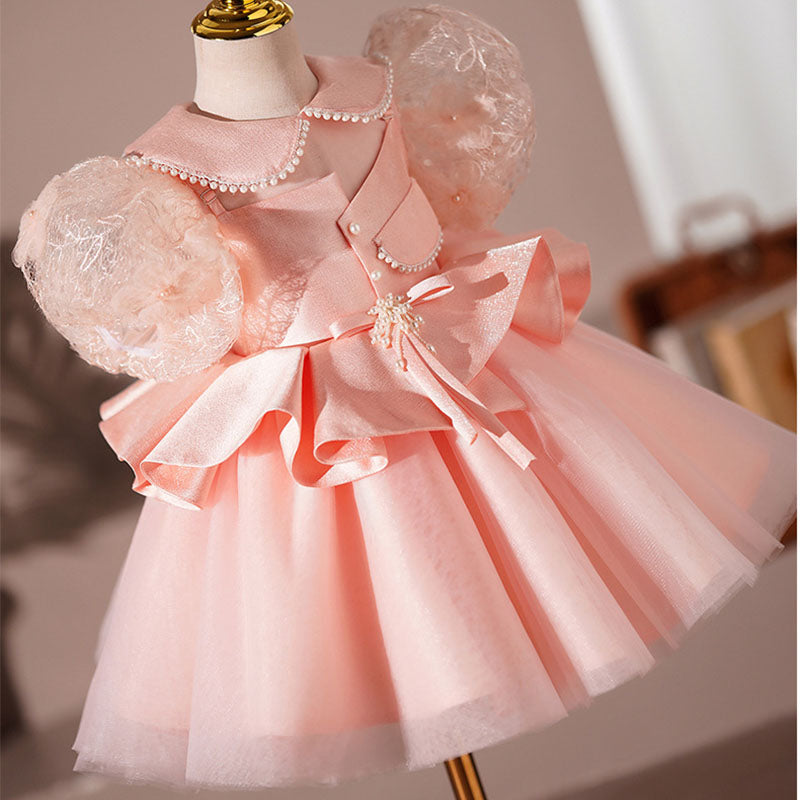doll party dress Baby Girl Birthday Party Dress Doll Neck Puff Sleeve Puffy Princess Dress, Pink / 4-5 Years (120cm)