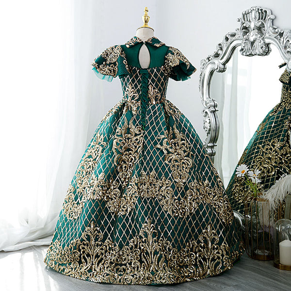 Girl Pageant Dress Children Vintage Gorgeous Green Gold Sequin Party Princess Communion Dress