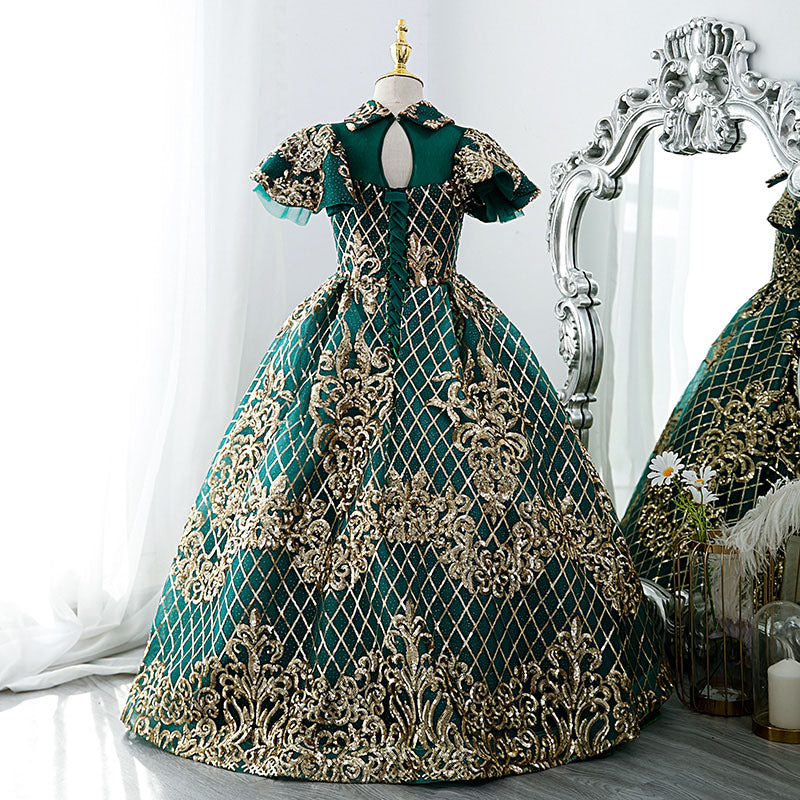 Girl Pageant Dress Children Vintage Gorgeous Green Gold Sequin Party Princess Communion Dress