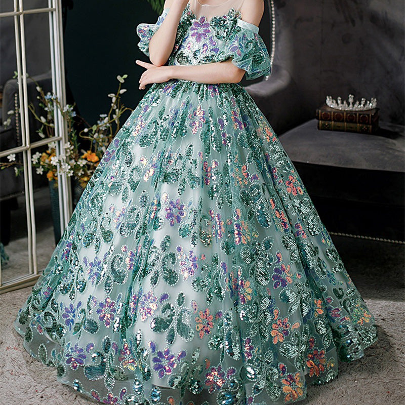 Elegant Girl Sequins Green Catwalk Piano Princess Dress