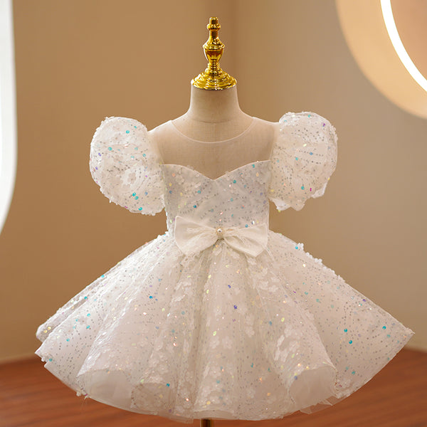 Baby Girl Formal Princess Dress Girl Summer White Puff Sleeve Sequin Birthday Party Dress