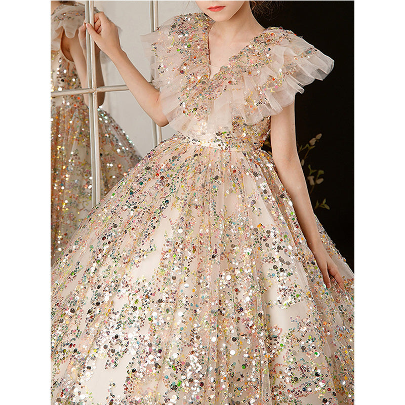 Girl Summer Gold Sequins Puffy Elegant Pageant Princess Dress