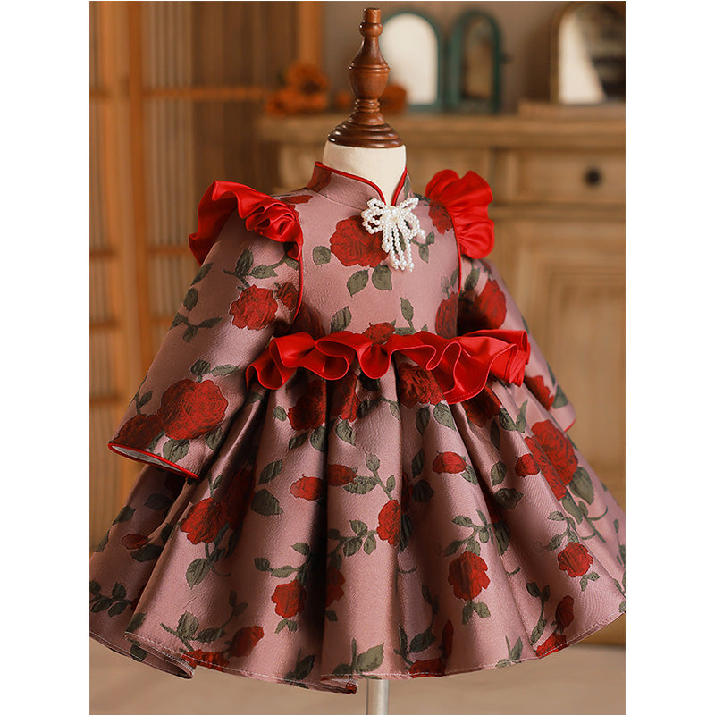 Flower Girl Dress Toddler Ball Gowns Dress Long Sleeve Printed Embroidered Princess Dress