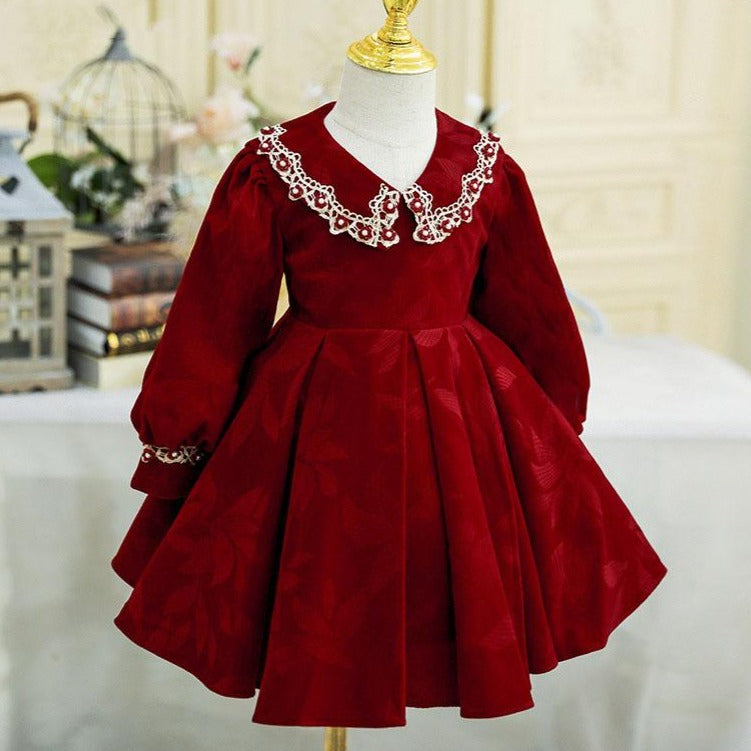 Girl Christmas Dress Baby Girl Dress Toddler Winter Doll Collar Red First Communion Princess Dress, Wine Red / 2-3 Years (100cm)