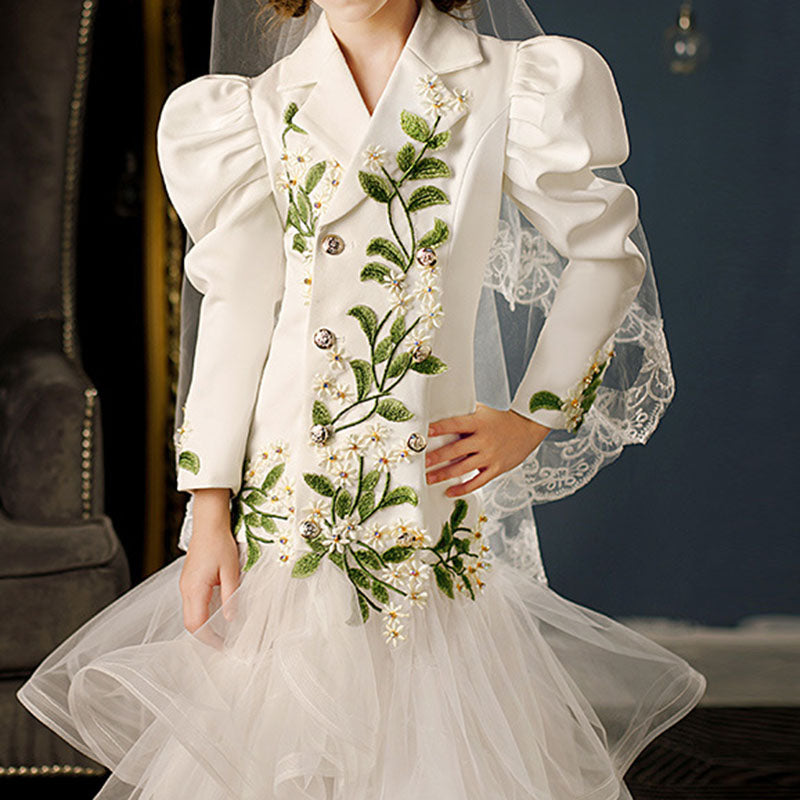 Flower Girl Dress Little Girl Communion White Puff Sleeve Mermaid Beauty Pageant Dress