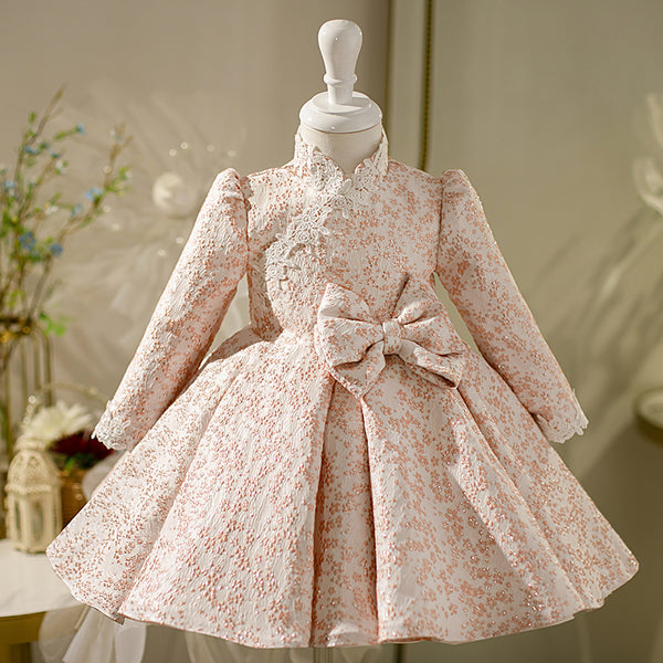 Girl Christmas Dress Toddler Prom Dress Baby Girl Fall Stand Collar Bowknot Long Sleeve Princess Party Dress