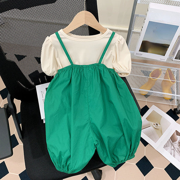 Cute Baby Girl Solid Color Short-sleeved Loose Suspenders Wide-leg Pants Two-piece Set