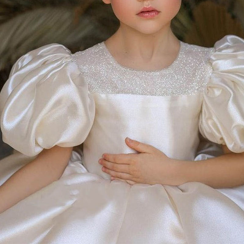 First Communion Dress Girl Pageant Formal Dress Puff Sleeves Puffy Sequined Princess Dress
