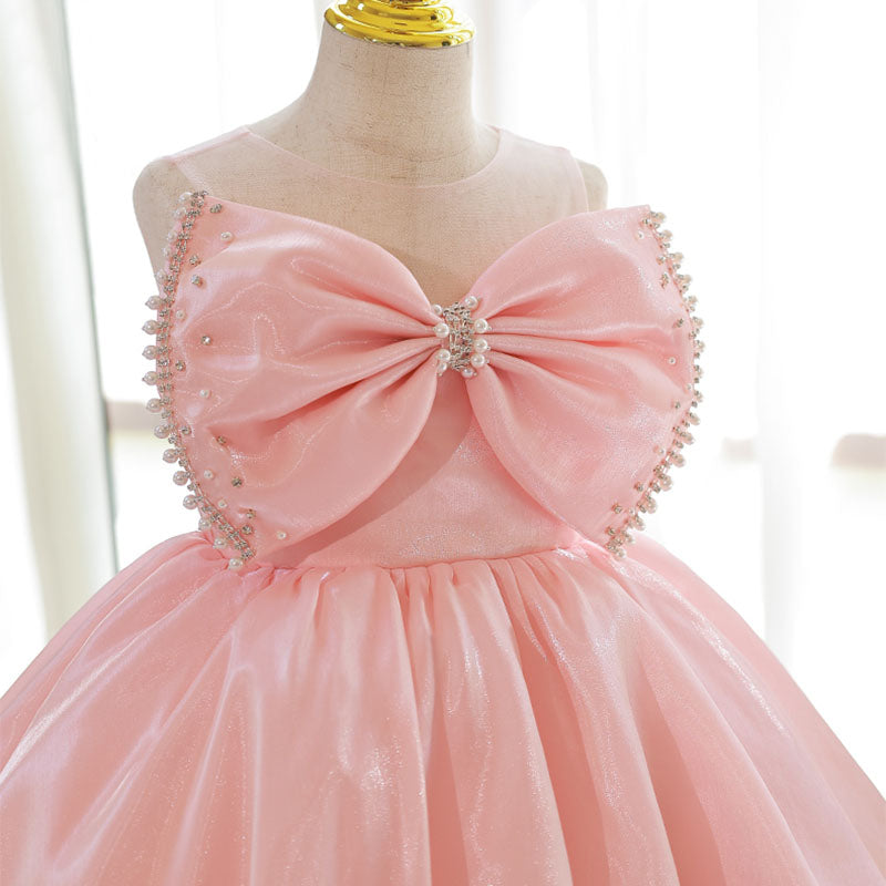 Flower Girl Dress Toddler Prom Easter Princess Pink Sleeveless Big Bowknot Beaded Party Dress