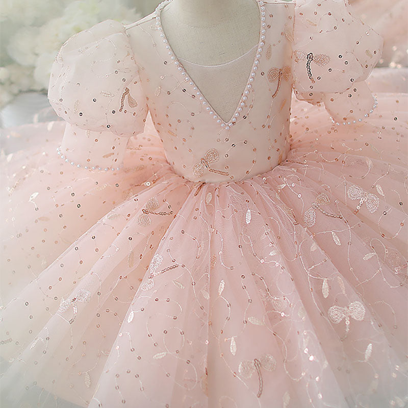 Flower Girl Dress Toddler Easter Summer Pink Sequin Puff Sleeve Princess Dress