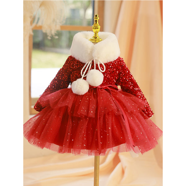 Girl Christmas Dress Baby Girl Dress Toddler Prom Dress Princess Red Sequin Long Sleeve Puffy Dress