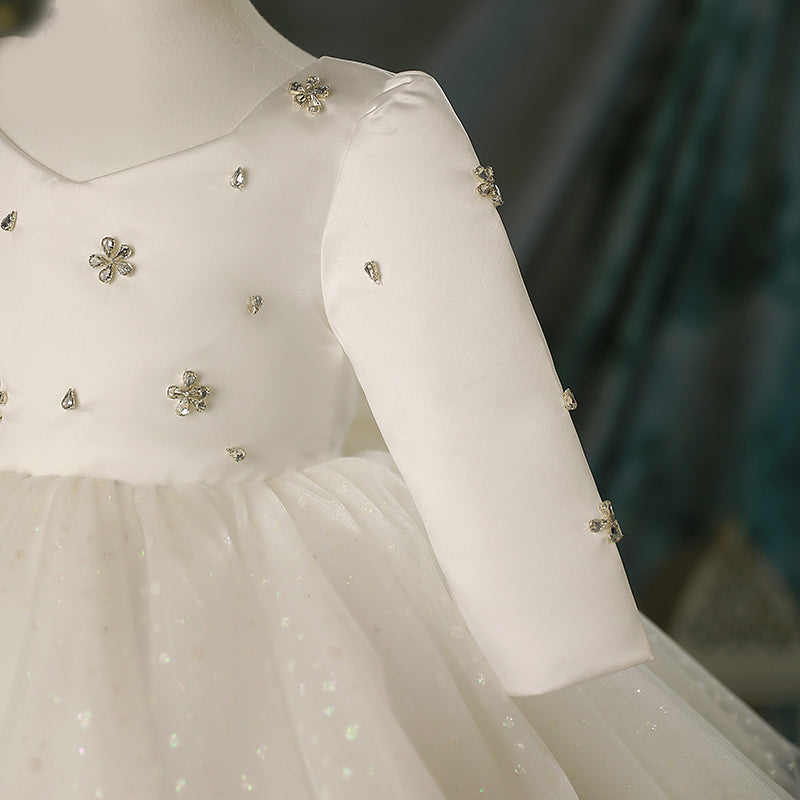 Baby Girl Dress Toddler White Long Sleeve Sequin Flower Girl Dress Fluffy Princess Christening Dress