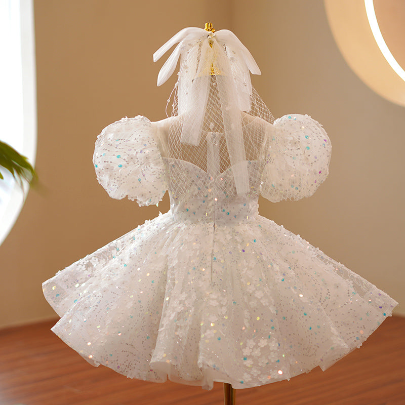 Baby Girl Formal Princess Dress Girl Summer White Puff Sleeve Sequin Birthday Party Dress