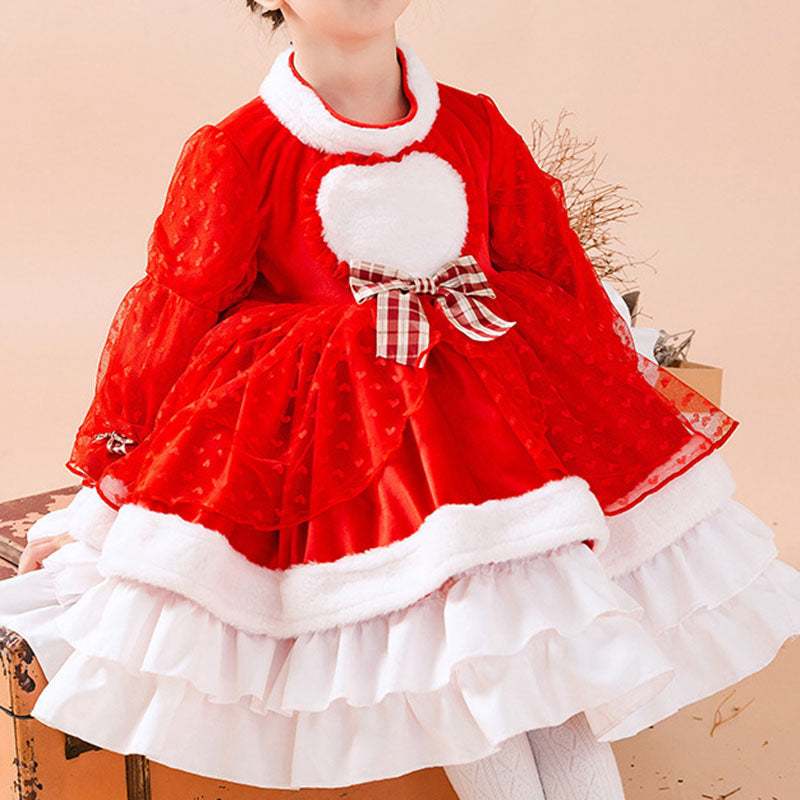 Baby Girl Dress Toddler Prom Princess Winter Red  Lace Plush Fluffy Birthday Party Dress