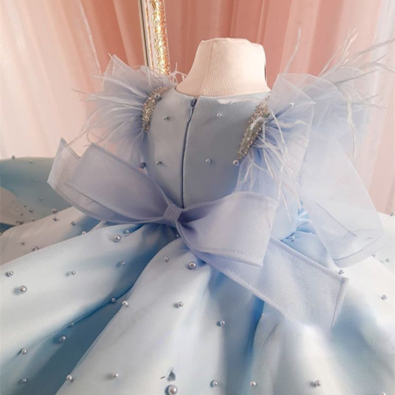 Elegant Baby Girl Blue Sleeveless Dot Princess Dresses for Girls Toddler Pageant Dresses