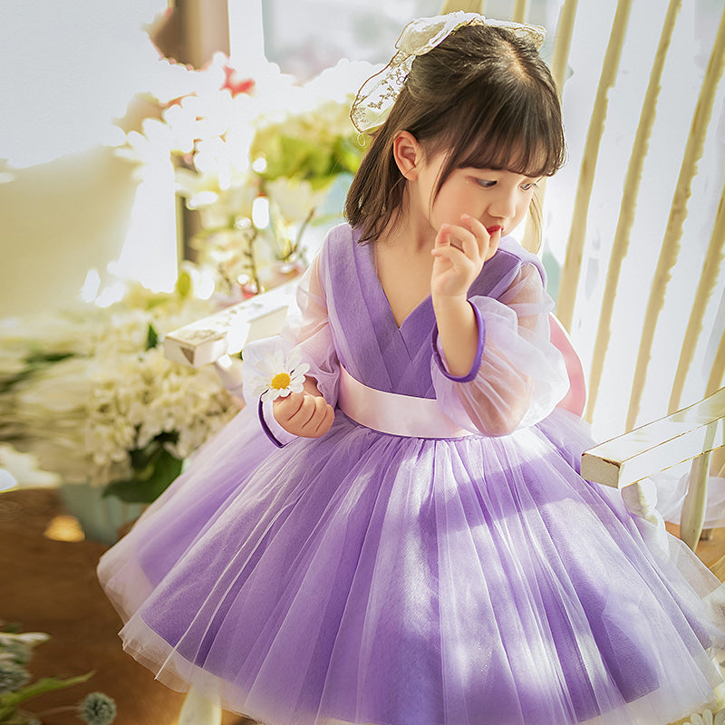 Baby Girl Princess Dress Purple Mesh Bow Puffy Party Dress