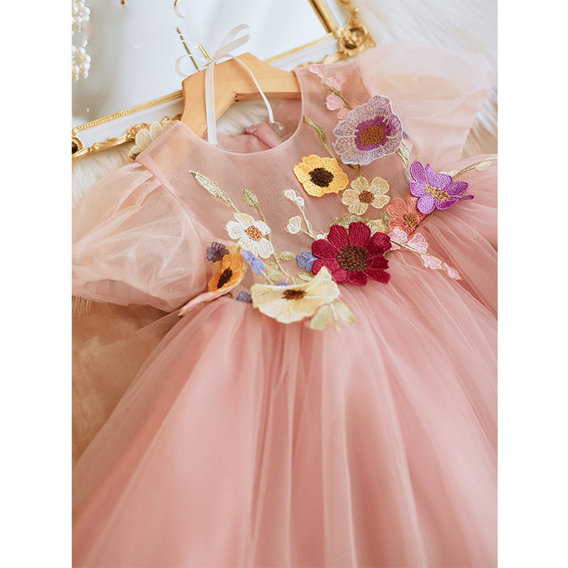 Baby Girl and Toddler Summer Pink Puff Sleeve Flower Girl Fluffy Princess Dress