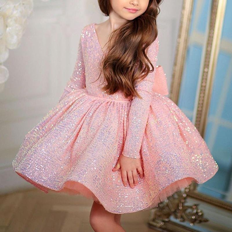 Girl Formal Princess Dresses Baby Girl Long Sleeve Sequins  Lace Beaded Pageant Dress